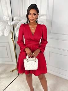 AIJ This Elegant Solid Color V-Neck Fitted A-Line Satin Shiny Mini Skirt With Puff Sleeves Is The Perfect Choice For All-Season Styling. Suitable For Parties, Daily Commute, Christmas, New Year, Valentine's Day And Various Occasions.