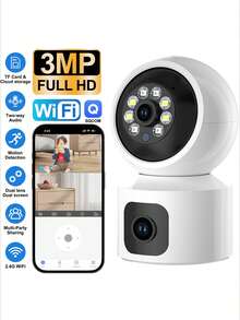 3MP +3MP Dual Lens WiFi Security Camera - AI Tracking, Full-Color Night View, Two-Way Audio, Gimbal Rotating Home Monitoring, USB Power Supply, No Memory Card, 1 White Unit, One Screen Dual Screen