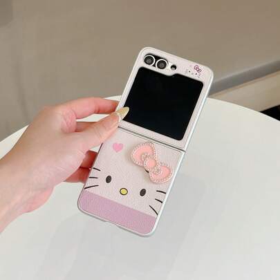Cute Cartoon Heart Bow Kitty Face Leather Folding Phone Case Compatible With Samsung Galaxy Z Flip3 5GGalaxy Z Flip 4 5GGalaxy Z Flip 5 5GGalaxy Z