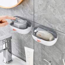 1pc Flip-Top Soap Dish, Water-Proof & Hole-Free Wall-Mounted Design, Special Drainage Storage Box For Bathroom, Suitable For Bathroom Storage, Toilet Organization, Soap Moisture-Proof Storage