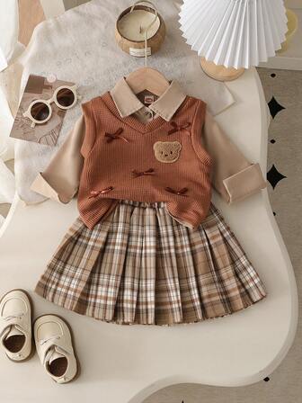 Conjunto informal y alegre de 3 piezas para niñas bebés - Camisa minimalista + Chaleco con parche de oso y moño + Falda plisada