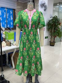 Women Boho Midi Dress Floral Print Ruffle Sleeve Flowy Maxi Dress Cute V Neck Loose Tiered Smocked Babydoll Dresses - 綠色 - 查看 4