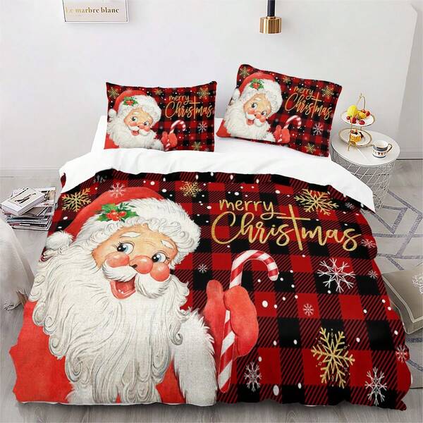 3 قطع طقم بياضات ذو موضوع عيد الميلاد، يشمل 1 غطاء لحاف و2 كيس وسادة (لا يشمل لحاف)، مناسب لغرفة النوم وغرفة الضيوف، متوفر بأحجام متعددة، قماش بولي إستر 100%، قابل للغسل في الغسالة