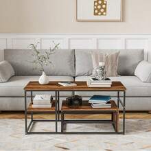 HOKZYHOUSE Couchtisch 2er Set, Wohnzimmertisch, Couchtisch mit Stahlgestell und Ablagen, Industrie-Design, Skandinavischer Stil, Sofatisch aus Holz, Beistelltisch, Vintagebraun