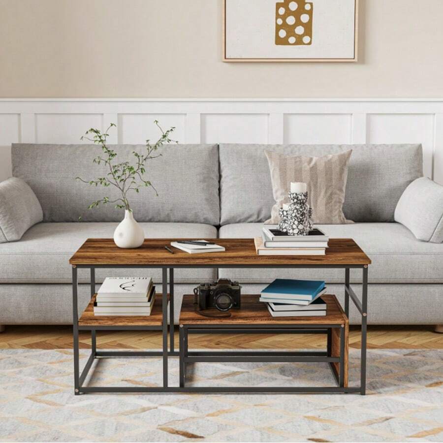 HOKZYHOUSE Couchtisch 2er Set, Wohnzimmertisch, Couchtisch mit Stahlgestell und Ablagen, Industrie-Design, Skandinavischer Stil, Sofatisch aus Holz, Beistelltisch, Vintagebraun