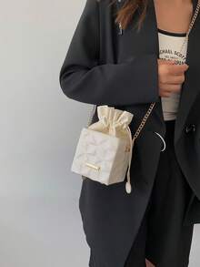 Women's Fashion Daily Drawstring Closure Square Mini Chain Crossbody Bag - Beige - View 7