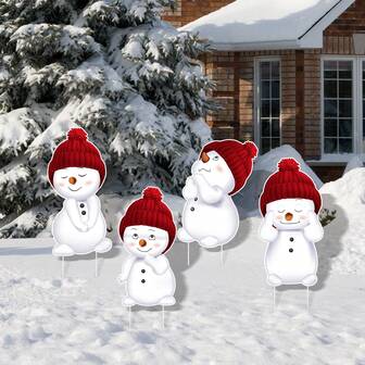 4pcs Outdoor Snowman Garden Stakes With Red Hats & Expressive Faces, Classic Snowman Themed, Plastic Construction, Outdoor Christmas Decorations For Yard & Garden