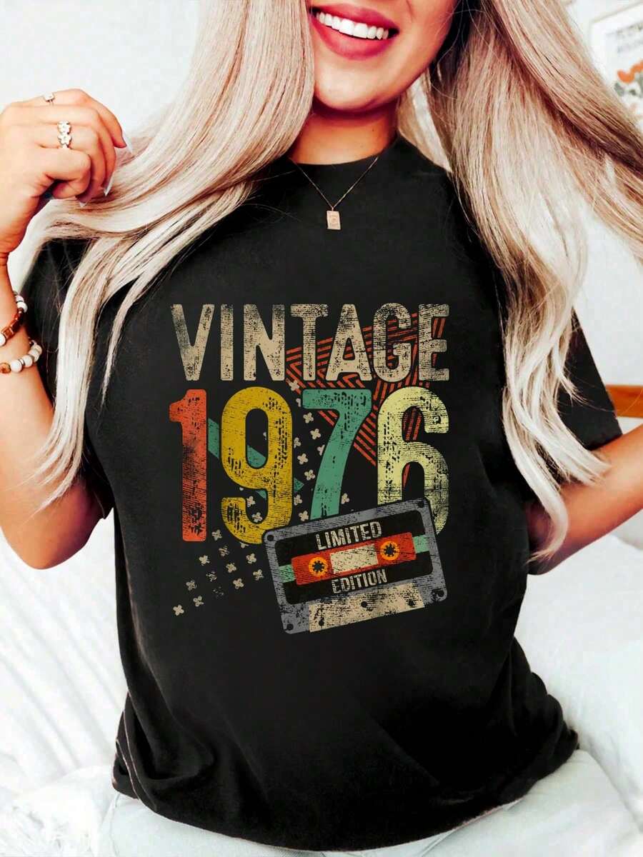 100% Cotton T Shirts Vintage 1976 49th Birthday Gifts 49 Year Old T-Shirt Breathable & Comfort Fit Tee Women,Short Sleeve Crew Neck Top For All Seasons,Graphic Tees Women Tops - màu đen - Xem 1
