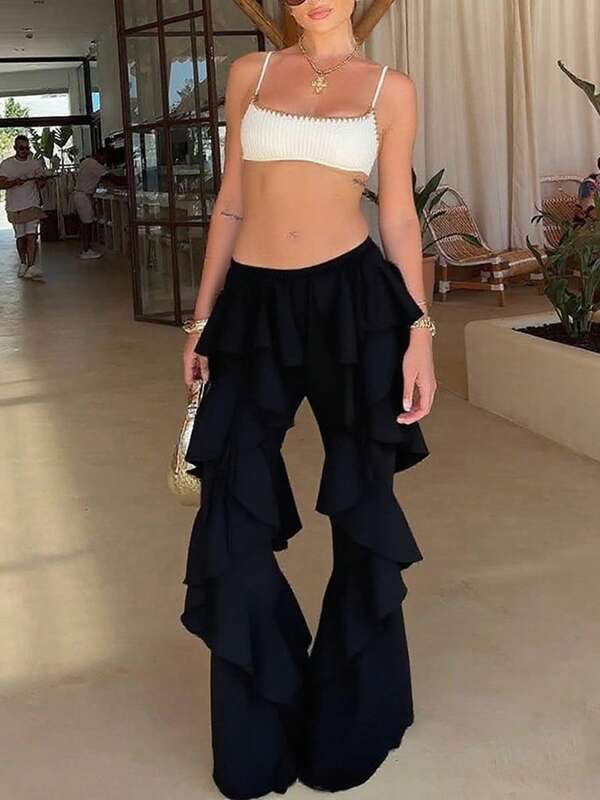 Outdoor Fashionable Lace-Up Ruffle Hem Flare Pants