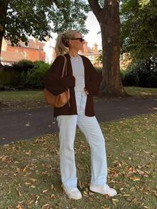 Áo khoác cardigan dài tay cổ chữ V có túi và nút cho nữ, chiều dài thông thường, chất liệu vải co giãn trung bình - Cà phê nâu - Xem 4