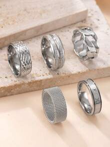 5pcs Fashion Stainless Steel Rings Set, Simple Golden Rotatable Rings, Hip Hop Hollow Out Rings Set - 5pcs - View 16