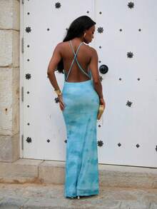 Yess Loren Solid Blue Color Backless Spaghetti Strap Bodycon Dress, Elegant Beach Holiday Dress, Backless Long Dress, Spring/Summer,Bohemian Clothes,Bodycon Dress