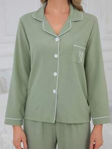 2pcs Women Long Sleeve Top And Pants Pajama Set, Casual Loose Embroidery Heart Homewear Suitable For Home And Outdoor, Autumn, Fall Winter Clothes, Christmas - Green - View 7