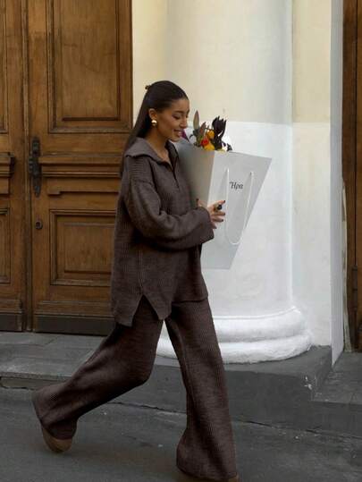 VIBEWAVE 2025 Women Casual Suit, Loose Knit Collared Half-Zip Long Sleeve Sweater And High Waist Wide Leg Pants 2 Pieces Set