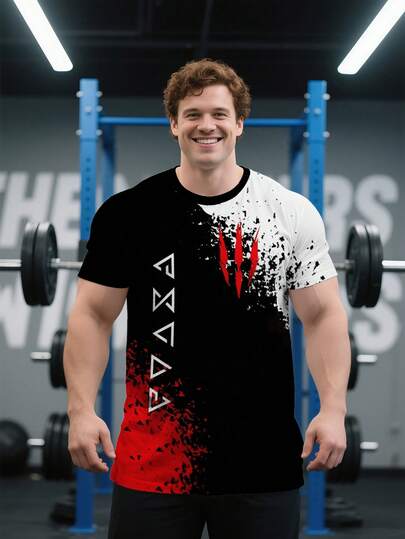 加大码男士卡通印花T恤，街头嘻哈圆领短袖T恤，透气网眼运动T恤