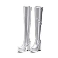 Women's Super High Heel Thick Sole Thick Heel Boots, Elegant Square Toe Sock Boots With Side Zipper For Autumn & Winter Party Daily Wearing - 銀色 - 查看 7