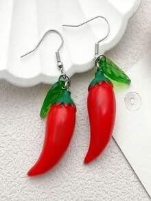 1 Pair Exaggerated Personalized Red Resin Chili Pepper Earrings, 3D Realistic Fruit & Vegetable Dangle Earrings, Fashionable Long Earrings For Women - Multicolor - View 6