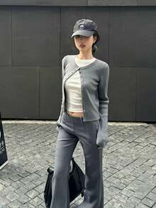 Early Autumn Casual Korean Style Slim Fit Cardigan Sweater For Women - Grey - View 6
