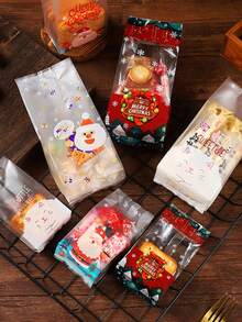 50pcs Christmas Transparent Snack Candy Bags, Gift Packaging Bags, Holiday Baking Dessert Cookie Self-Sealing Bags,Durable Material, Suitable For Candies, Gifts, Suitable For Christmas Decorations, Holiday Parties, Seasonal Decorations, Christmas Baking Supplies, Christmas Kitchen Storage Bags