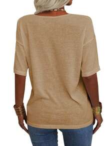 Women's 3/4 Sleeve Shirts V Neck Loose Fitting Tops Casual Solid Color Tshirts  Basic Tunic Summer Ladies Tops - 卡其色 - 查看 4