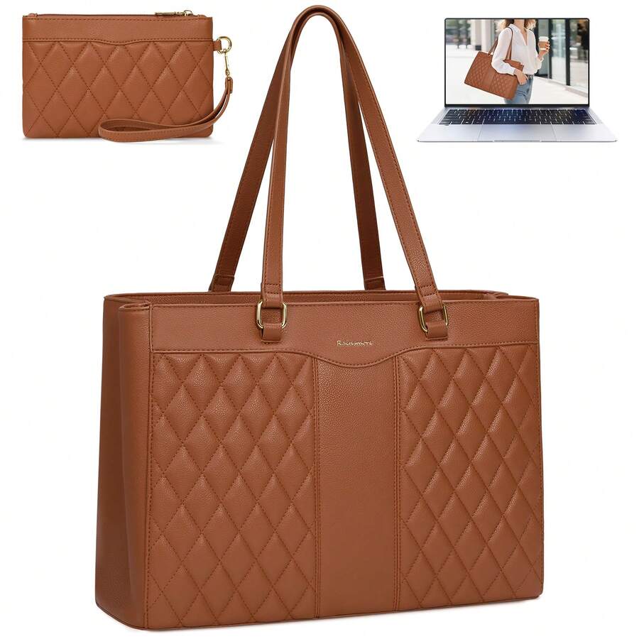 NEWHEY Premium Leather Laptop Tote Set For Women: 15.6 Inch Professional Work Bag With Detachable Clutch. Multi-Functional Computer Briefcase & Purse For Office, Teacher, And Business Travel. - màu nâu - Xem 1