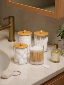 4 pièces Set de rangement transparent pour salle de bain, décoration de salle de bain d'été, rentrée scolaire. Comprend un support pour cotons-tiges, un pot pour tampons de maquillage, un gobelet pour brosse à dents et un flacon presseur. Collection pour la salle de bain, indispensable pour la maison et les voyages.