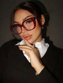 FM  1pc Ladies Burgundy Square PC Frame Vintage Plain Non-Prescription Glasses Suitable For Daily Wear Clear Glasses Accessories, School Glasses Accessories For Women - Báo đen - Xem 2