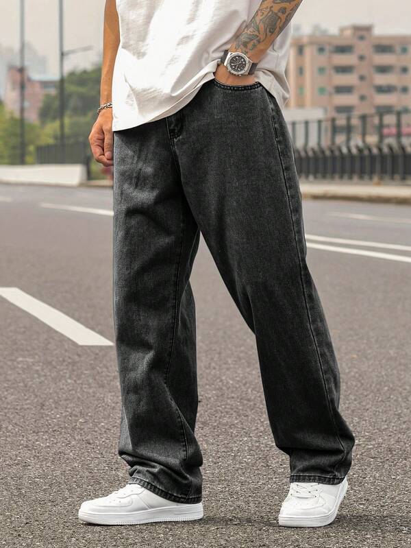 Calça Jeans Retos Masculinos Lavados Azul Claro, Denim Masculinos Folgados, Estilo Retrô Y2K, Simples e Versátil