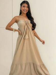 Women's Long Fluid Strapless Dress With Tie - 米色 - 查看 1