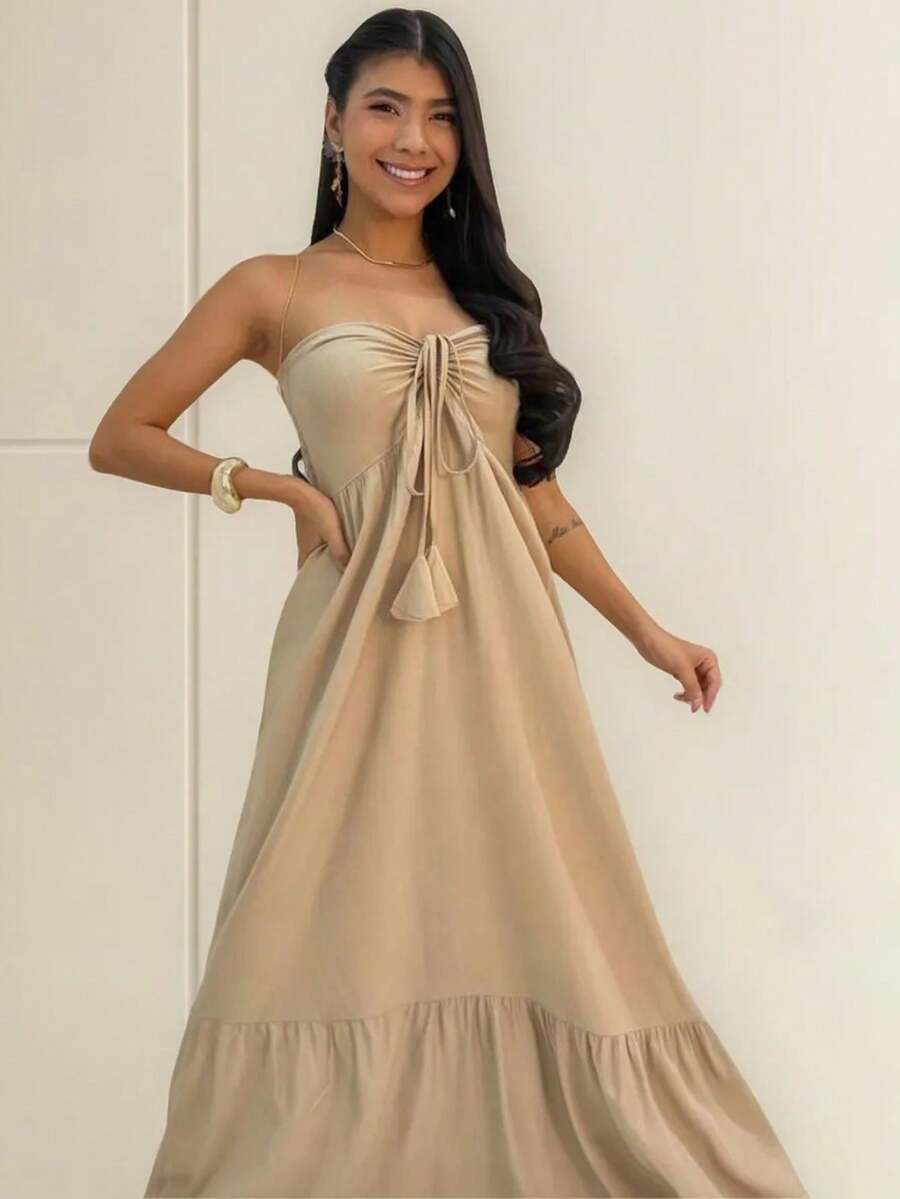 Women's Long Fluid Strapless Dress With Tie - 米色 - 查看 1