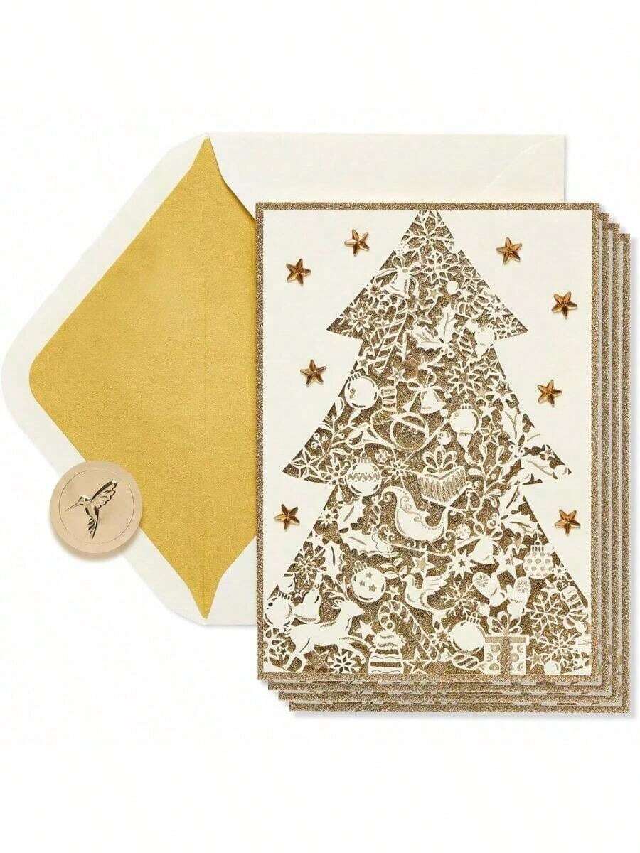 Boxed Christmas Cards With Envelopes Joyful Christmas And Wonderful New Year Gold Christmas Tree 8Count