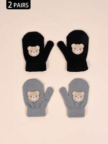 2双幼儿秋冬高弹力针织保暖手套，婴儿童可爱刺绣连指手套，宝宝防抓/咬手套，适合日常休闲穿着和冬季保暖单层手套 - 2雙 - 查看 18