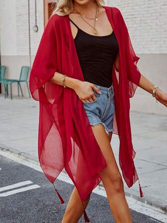 1 件女士沙滩配饰雪纺和服罩衫，宽松沙滩罩衫披肩，适合夏季度假