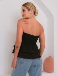 Cropped Elastic Blouse With Ruffle - Black - View 4