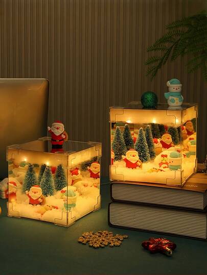 1 pièce Veilleuse cube DIY de Noël, une veilleuse artisanale avec une poupée de style Noël, design miroir, alimentée par batterie, convient pour la décoration d'hiver et de Noël, chambre à coucher, salon, table de chevet, bureau, lumière de décoration, un beau support photo, cadeau de Noël fait main, décoration d'Halloween, décoration de Noël, Thanksgiving, mariage pour cadeaux