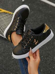 Women's New Black Flat Round Toe Lace-Up Lightweight Casual Sports Sneakers, Versatile Trainers For Students, Multiple Colors Available, Suitable For Spring And Autumn