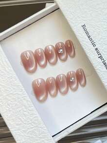 10 peças de unhas ovais feitas à mão, unhas de acrílico curtas, unhas postiças minimalistas rosa nude, unhas postiças estilo olho de gato chamativas, pedras preciosas incrustadas com diamantes, unhas postiças simples e elegantes feitas à mão para o outono, estilo moderno, unhas postiças versáteis, faça você mesmo, arte para festas, uso diário e encontros, praia, refúgio tropical, adequado, reutilizável, para mulheres e meninas, como presente, suprimentos para unhas