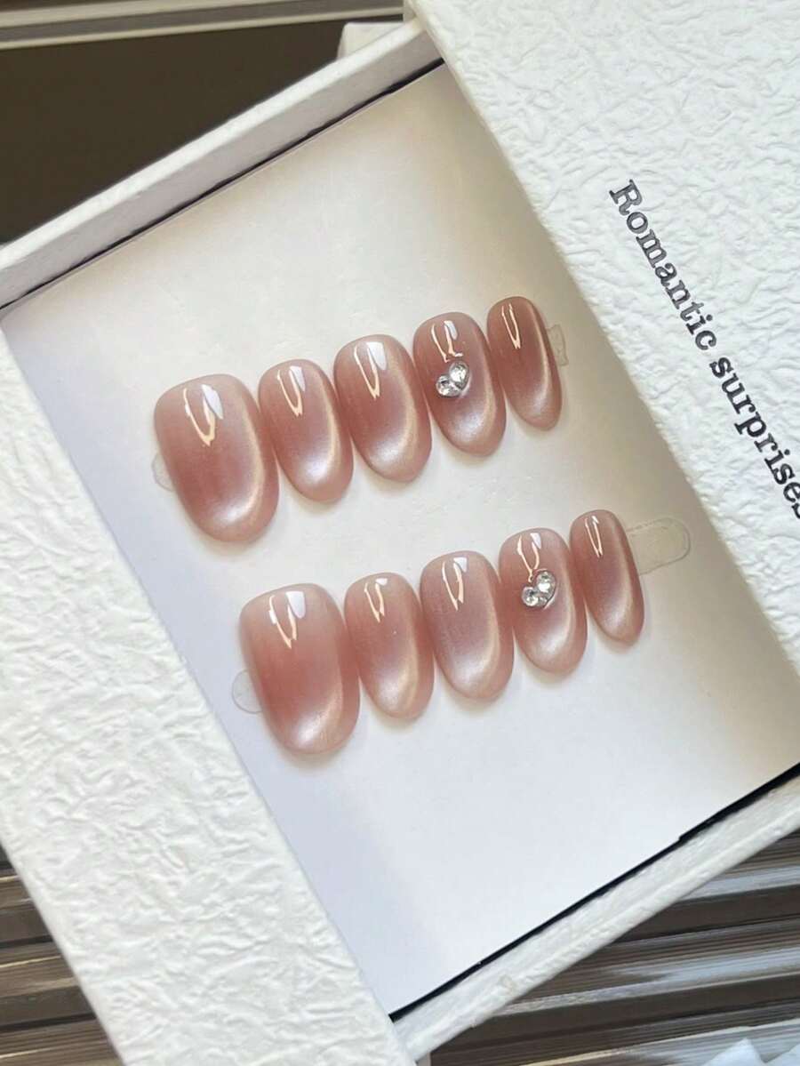 10 peças de unhas ovais feitas à mão, unhas de acrílico curtas, unhas postiças minimalistas rosa nude, unhas postiças estilo olho de gato chamativas, pedras preciosas incrustadas com diamantes, unhas postiças simples e elegantes feitas à mão para o outono, estilo moderno, unhas postiças versáteis, faça você mesmo, arte para festas, uso diário e encontros, praia, refúgio tropical, adequado, reutilizável, para mulheres e meninas, como presente, suprimentos para unhas