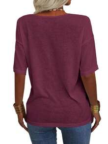Women's 3/4 Sleeve Shirts V Neck Loose Fitting Tops Casual Solid Color Tshirts  Basic Tunic Summer Ladies Tops - Màu tím - Xem 4