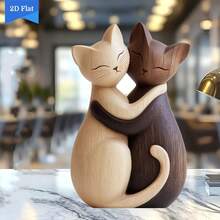 1件装木质情侣猫摆件，2D拥抱猫雕像，动物桌面家居装饰品，适用于：生日、圣诞节、教师节、返校季、办公室（2D平面雕塑，非3D）万圣节房间装饰、万圣节装饰、圣诞节装饰、家居圣诞礼物、圣诞装饰品 - 彩色 - 查看 2