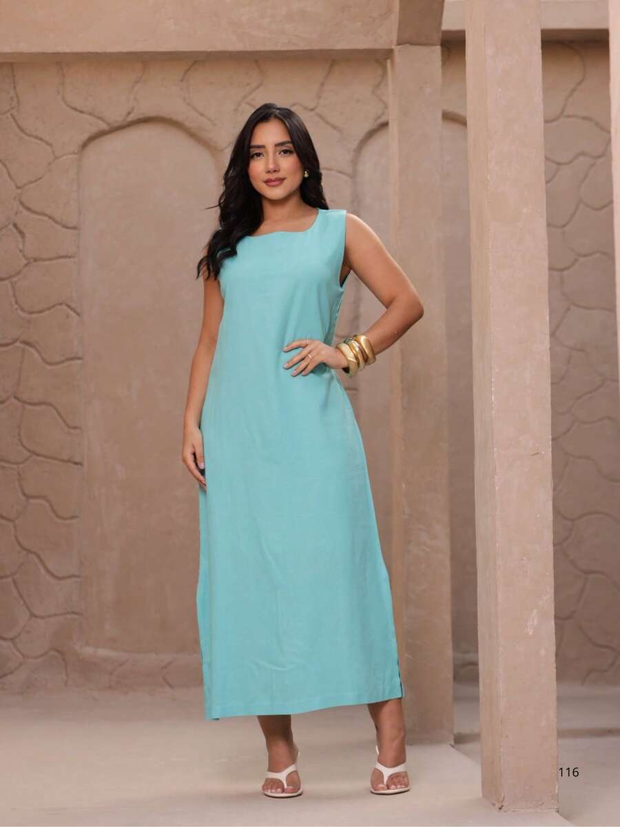 Women's Linen Midi Dress With Pockets, Plain, Wide Straps, Elegant - Mint Blue - View 1