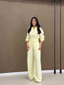 Women's Two-Tone Business Aerolook Elegant Comfortable Travel Chic Striped Set - 黃色 - 查看 1