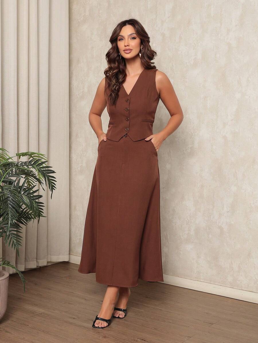 Women's Set: Vest With Fake Pocket And Buttons And Long Twill Skirt - Marrón Chocolate - Ver 1