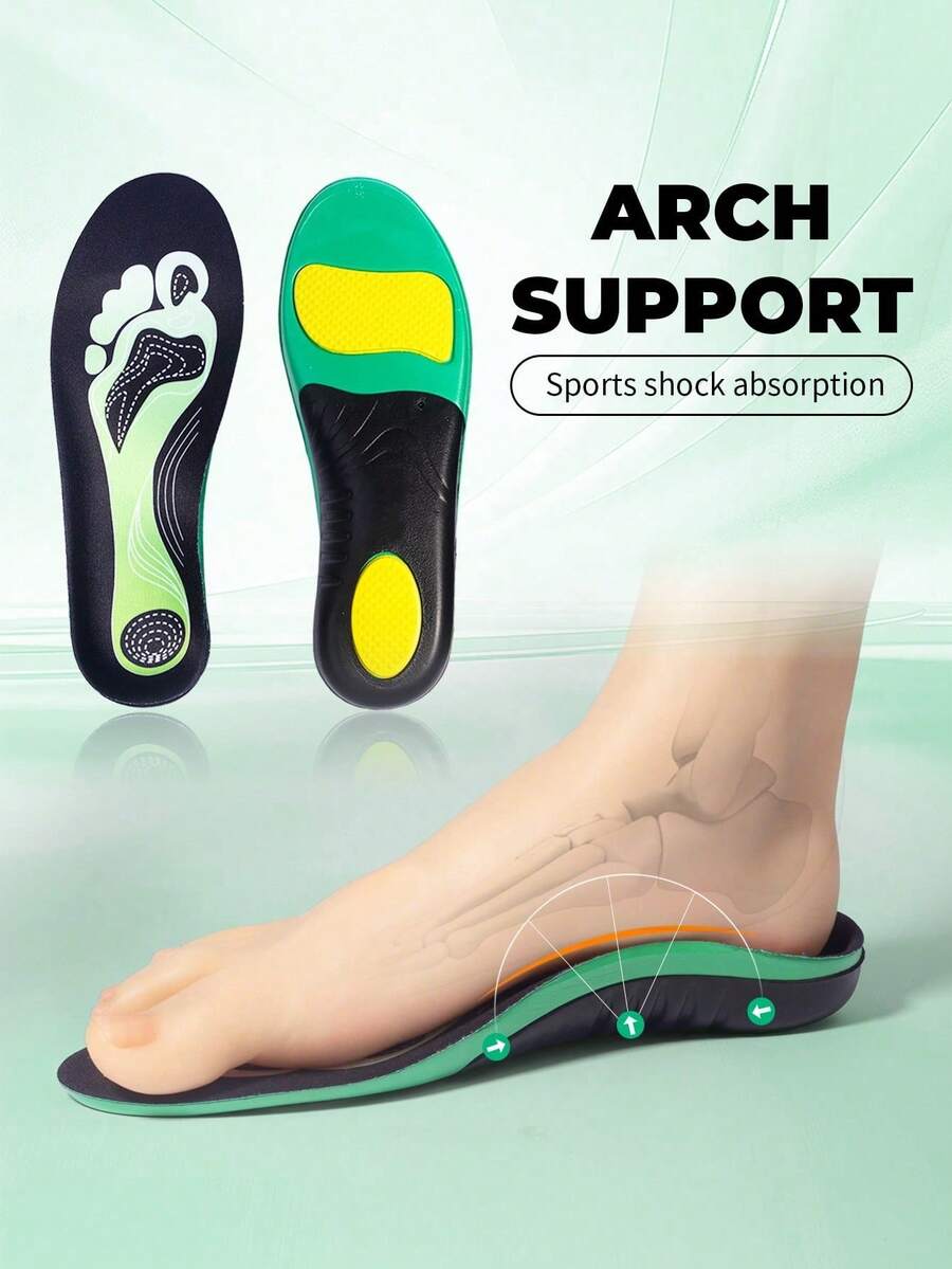 1 Pair Unisex Arch Support Full Length Shock Absorbing Breathable Anti-Skid Insoles, Trimable For Sports Shoes