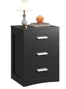 Night Stand, Wood Nightstand With 3 Storage Drawers, Bed Side Table For Bedroom, Living Room, Dorm, Modern Minimalist Bedside Table - 黑色 - 查看 6