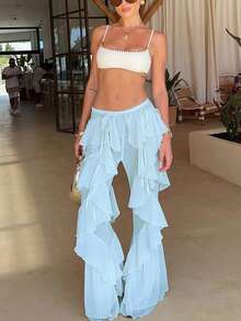 Outdoor Fashionable Tie-Up Ruffle Hem Flare Pants, Spring/Summer - Blue - View 1