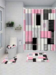 1/4pcs Pink Square Pattern Shower Curtain Set, 70.87x70.87inch Shower Curtain With Floor Mat, U-Shaped Mat, Toilet Seat Mat, With 12 Hooks Bathroom Decor