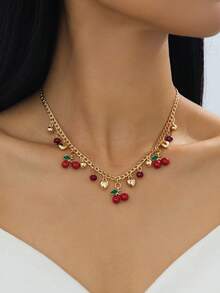 1 件心形苹果吊坠项链，手工珐琅水果樱桃项链，百搭时尚女士珠宝 - 粗鏈櫻桃款-紅色 - 查看 1