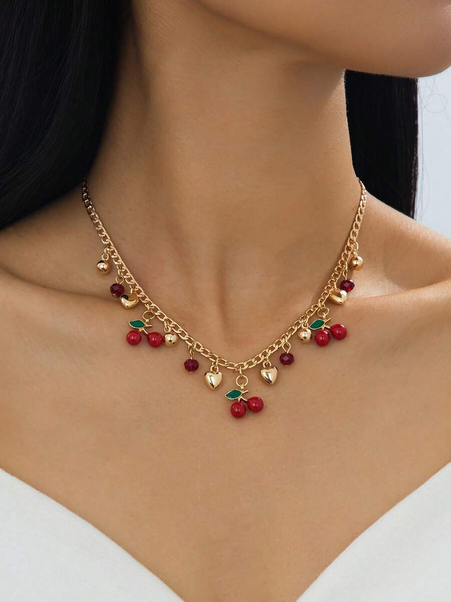 1 件心形苹果吊坠项链，手工珐琅水果樱桃项链，百搭时尚女士珠宝 - 粗鏈櫻桃款-紅色 - 查看 1