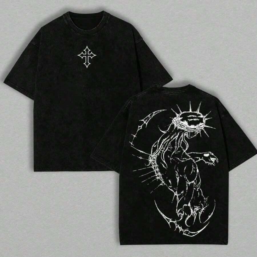 Cotton T-Shirt Brandless JJBA Jesus Pump Cover – Oversized Gym Graphic Hoodies T-Shirt Featuring Cross Design And Fabric Top Collar, Perfect Menswear Gift For Fitness Enthusiasts And Fans Of Christian Apparel Y2K,Oversize Plus Size Men's S To 5XL,Summer Tee - 黑色 - 查看 1